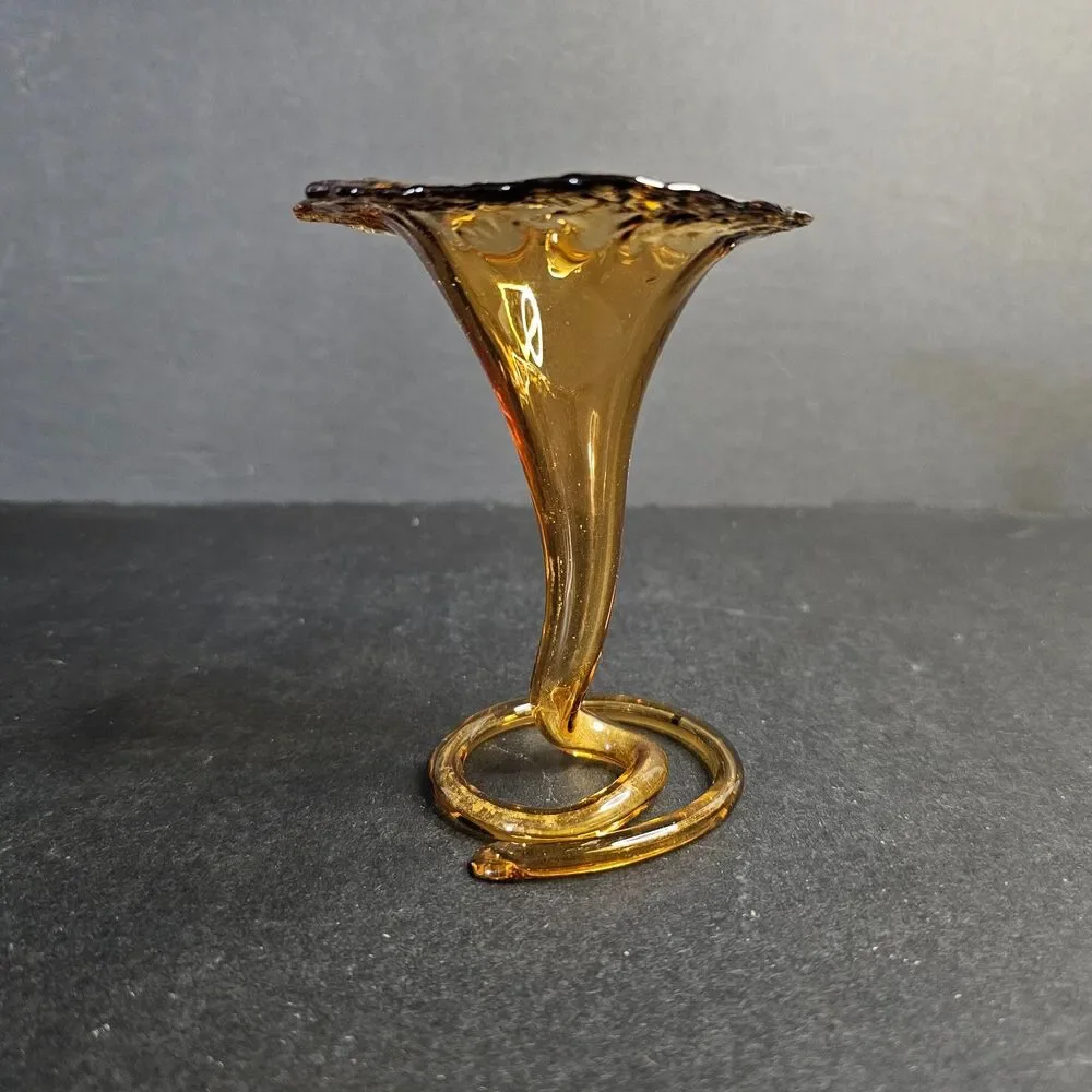 Vintage Hand Blown Trumpet Bud Vase Amber Art Glass Small Flower Vase 4